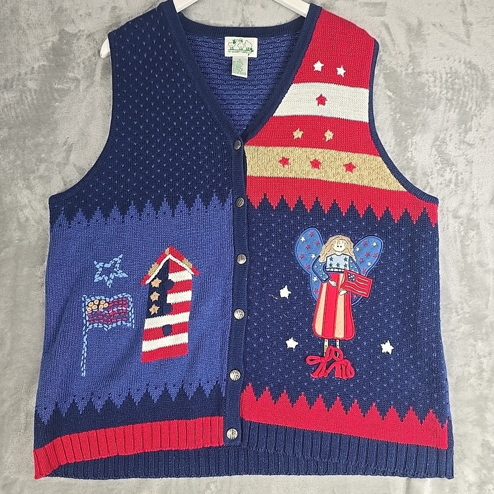 Quacker Factory Womens Patriotic 4th of July Sweater Cardigan 1x Blue Red Granny